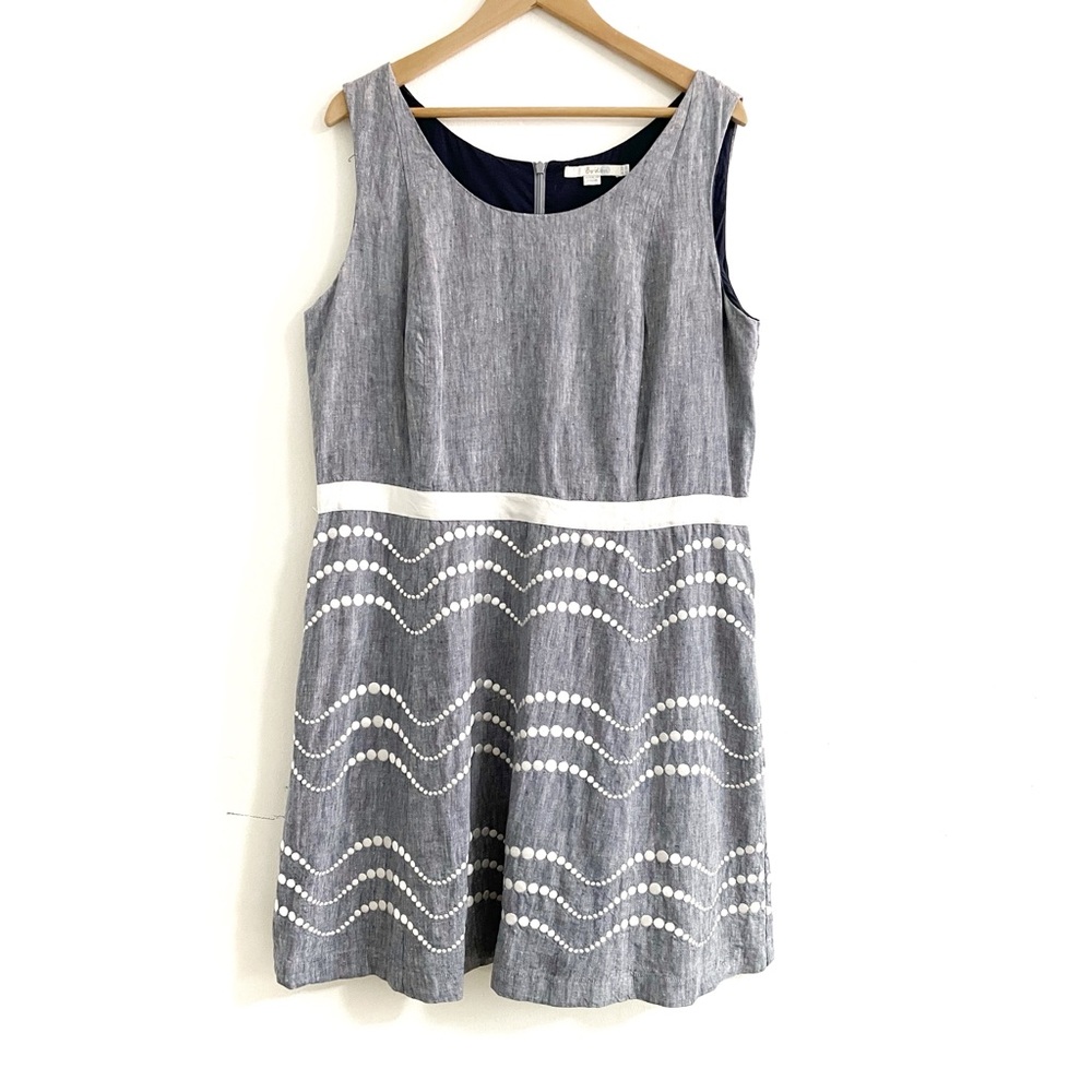 Boden • embroidered linen fit and flare dress blue white lined • 16